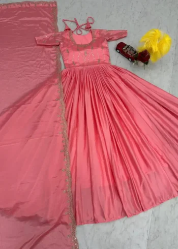 Peach Color Chinon Heavy Embroidery Sequence Work Designer Gown