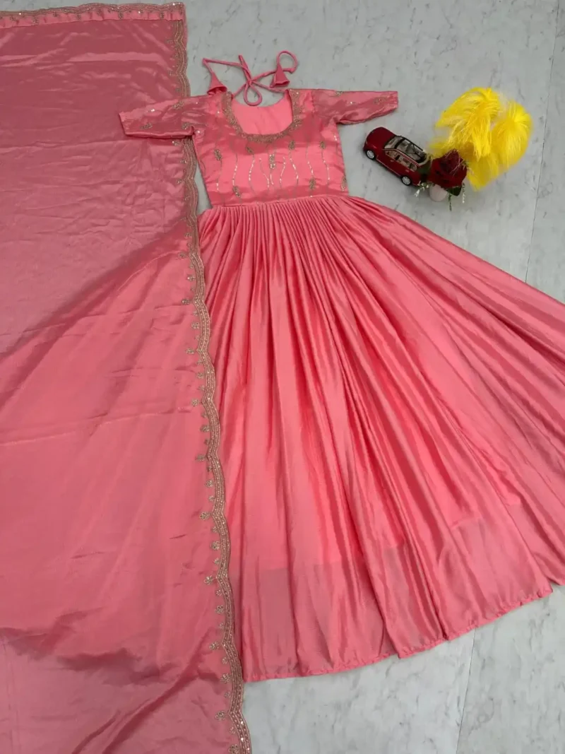 Peach Color Chinon Heavy Embroidery Sequence Work Designer Gown