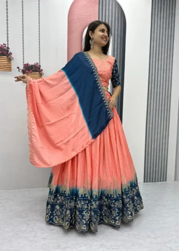 Peach Color Chinon Embroidery Thread Work Lehenga Choli