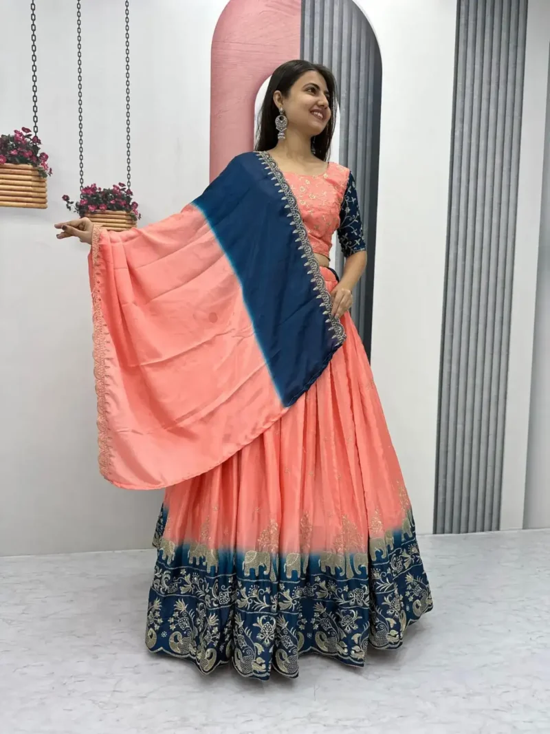 Peach Color Chinon Embroidery Thread Work Lehenga Choli