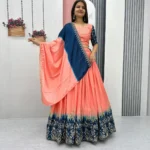 Peach Color Chinon Embroidery Thread Work Lehenga Choli