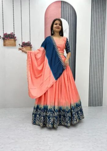 Peach Color Chinon Embroidery Thread Work Lehenga Choli
