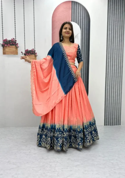 Peach Color Chinon Embroidery Thread Work Lehenga Choli