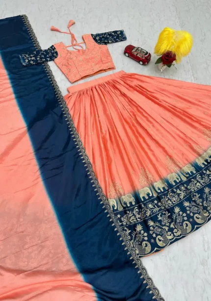 Peach Color Chinon Embroidery Thread Work Lehenga Choli