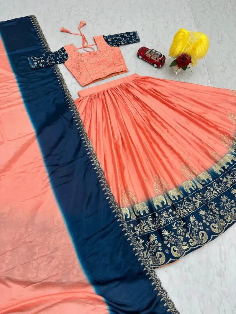 Peach Color Chinon Embroidery Thread Work Lehenga Choli