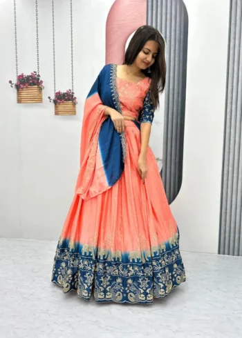 Peach Color Chinon Embroidery Thread Work Lehenga Choli