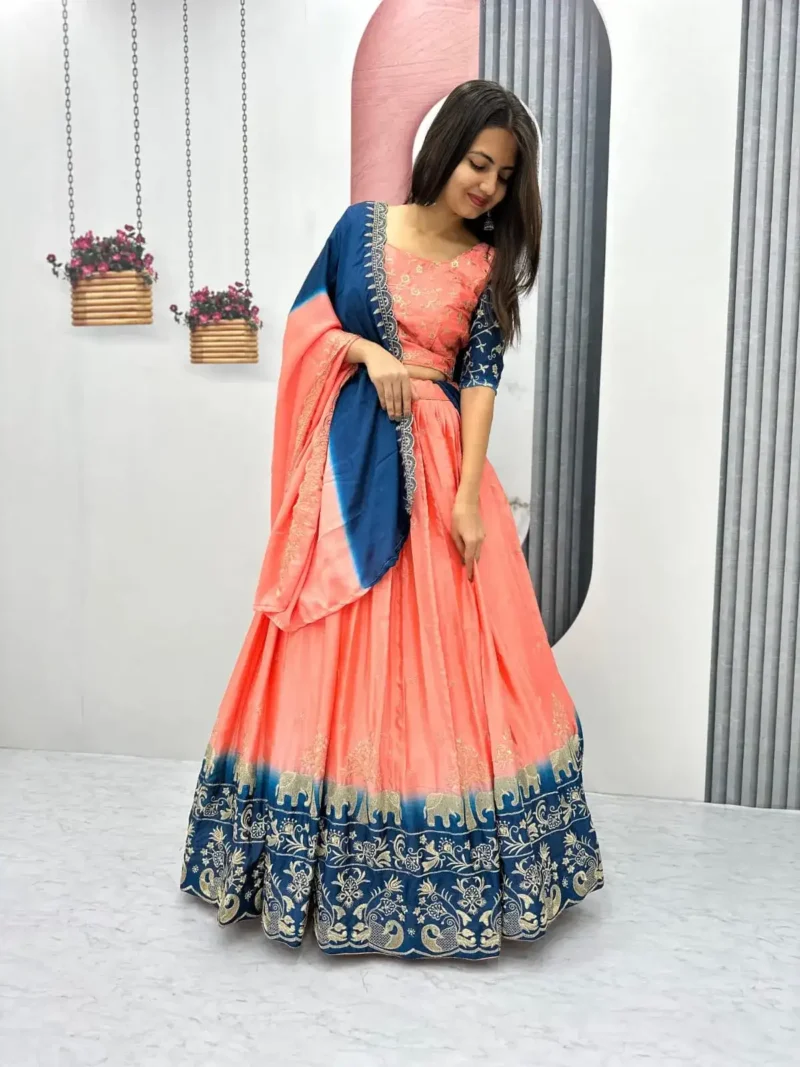 Peach Color Chinon Embroidery Thread Work Lehenga Choli