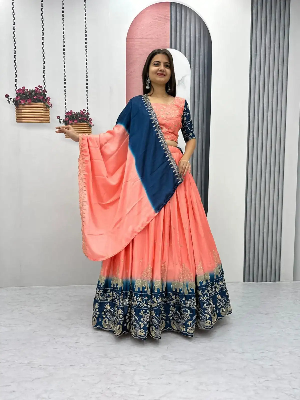 Peach Color Chinon Embroidery Thread Work Lehenga Choli