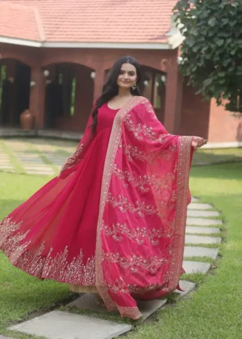 Pink Faux Blooming Multi Sequins Embroidered Designer Gown