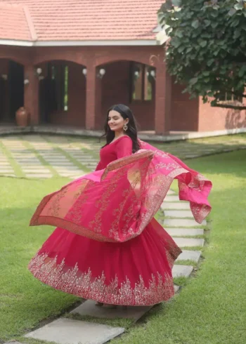 Pink Faux Blooming Multi Sequins Embroidered Designer Gown