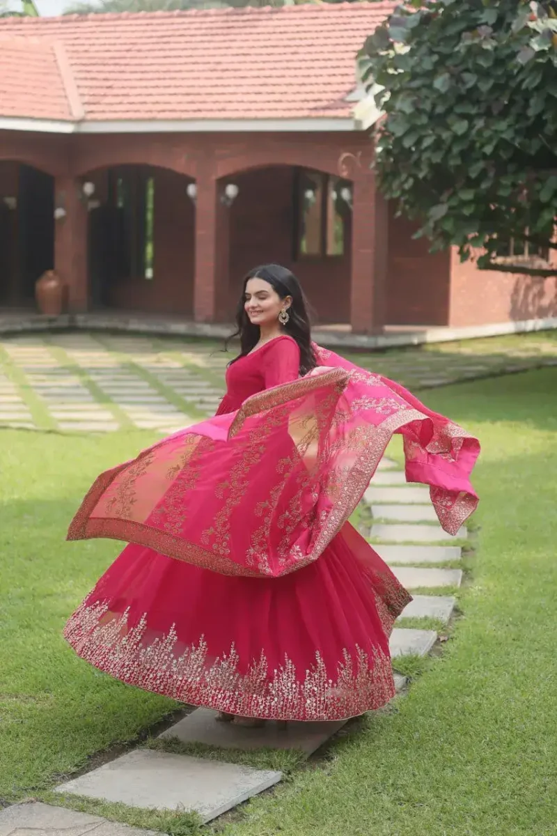 Pink Faux Blooming Multi Sequins Embroidered Designer Gown