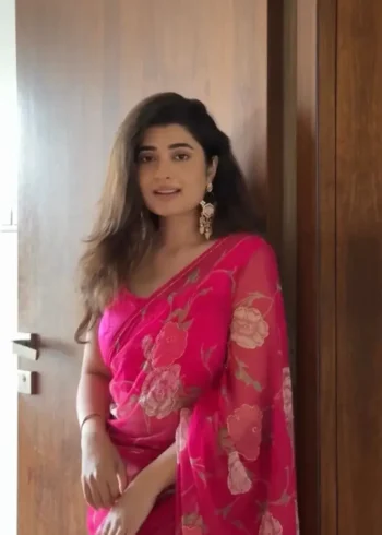 Pink Floral Printed Cutdana Work Tabby Organza Saree