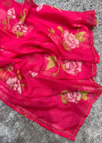 Pink Floral Printed Cutdana Work Tabby Organza Saree