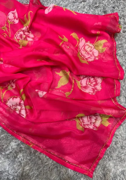 Pink Floral Printed Cutdana Work Tabby Organza Saree