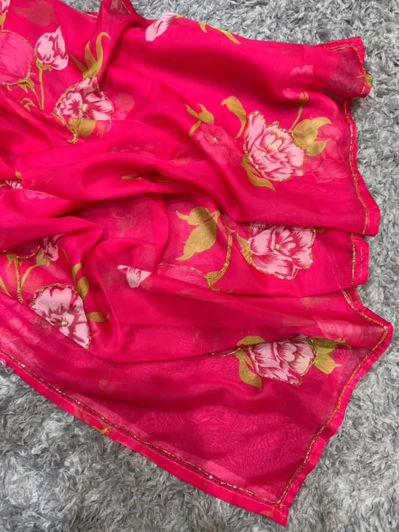 Pink Floral Printed Cutdana Work Tabby Organza Saree