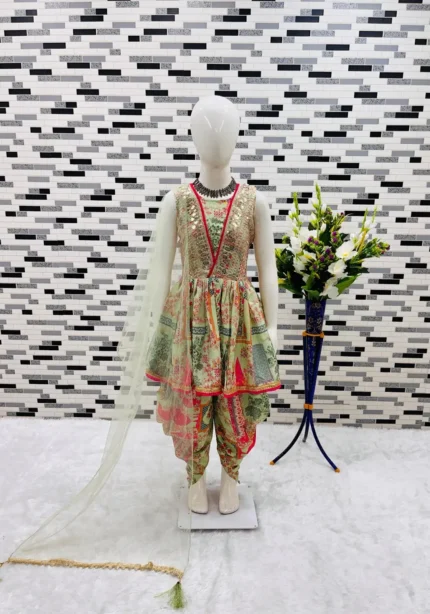 Pista Green Digital Printed Dhoti Salwar Suit for Kids girls