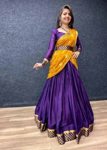 Navy Blue Pure Chinon With Jacquard Rajputana Rajwadi Lehenga