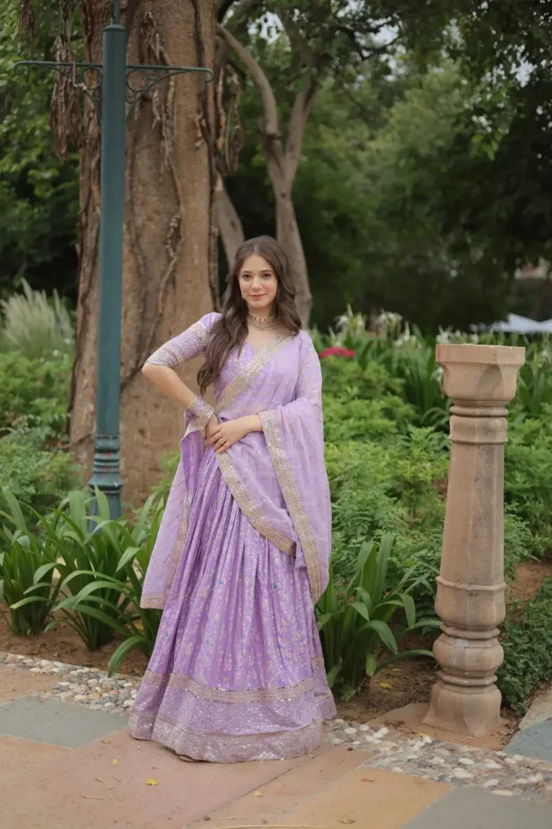 Pure Dyable Viscose Jacquard Golden Sequins Embroidered Lehenga