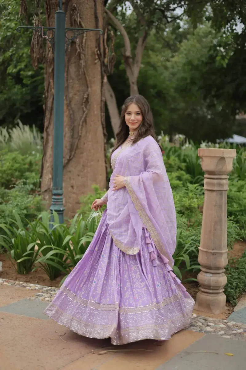 Pure Dyable Viscose Jacquard Golden Sequins Embroidered Lehenga