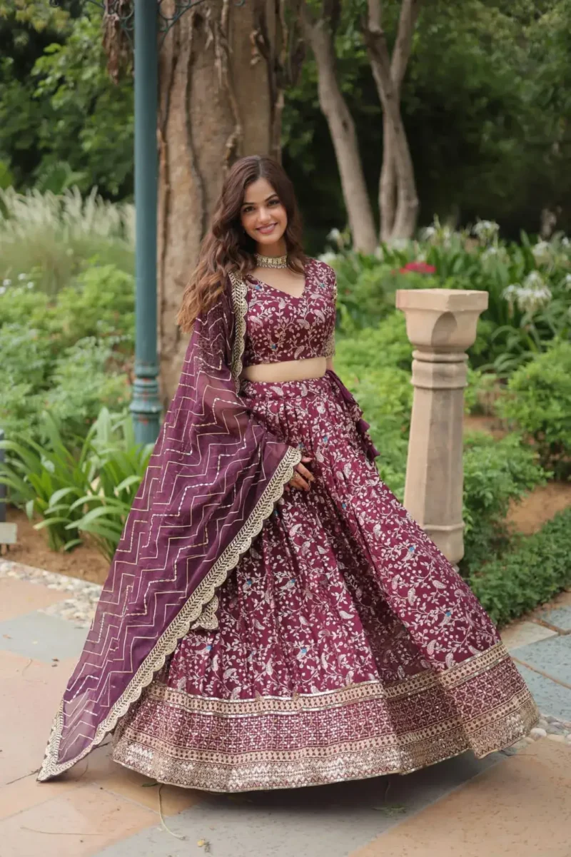 Pure Dyable Viscose Jacquard Golden Sequins Embroidered Lehenga