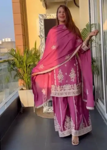 Pure Heavy Chinnon Silk Sequence Embroidered Palazzo Suit Set
