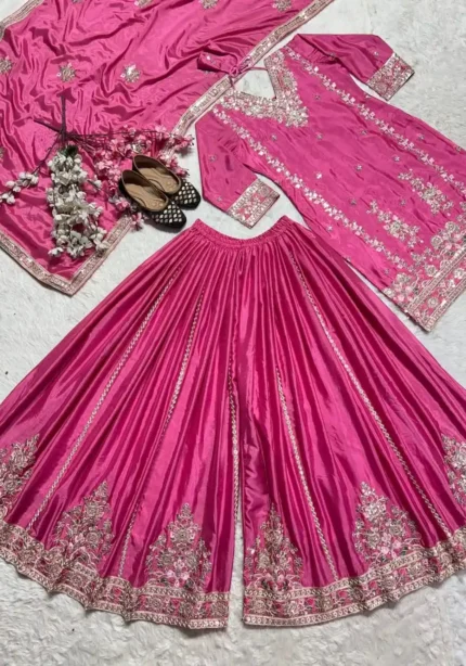 Pure Heavy Chinnon Silk Sequence Embroidered Palazzo Suit Set