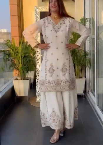 Pure Heavy Chinnon Silk Sequence Embroidered Palazzo Suit Set