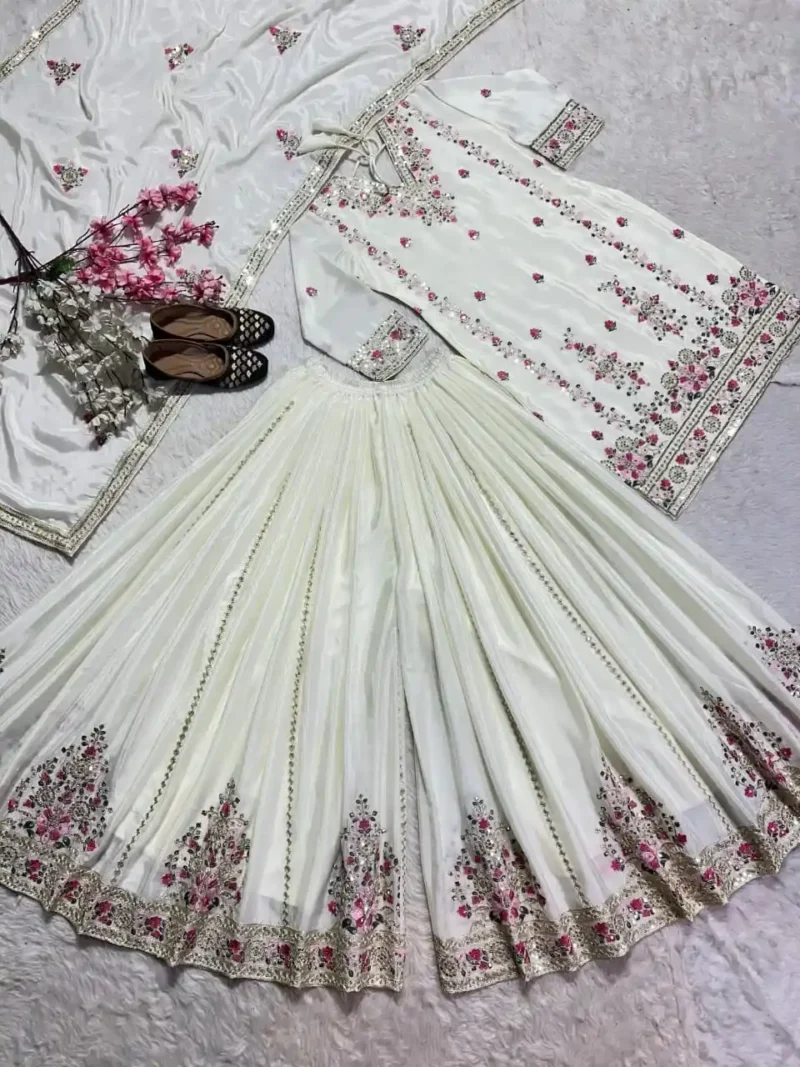 Pure Heavy Chinnon Silk Sequence Embroidered Palazzo Suit Set