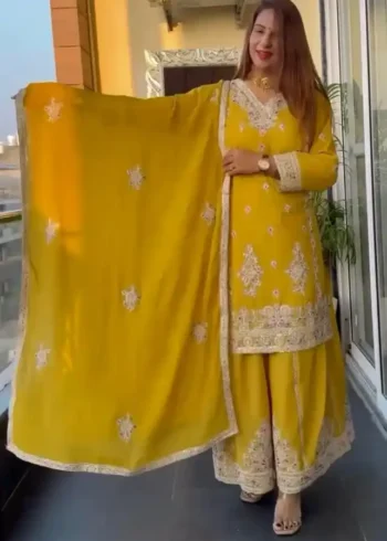 Pure Heavy Chinnon Silk Sequence Embroidered Palazzo Suit Set