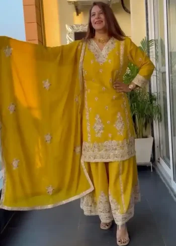 Pure Heavy Chinnon Silk Sequence Embroidered Palazzo Suit Set