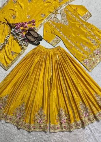 Pure Heavy Chinnon Silk Sequence Embroidered Palazzo Suit Set