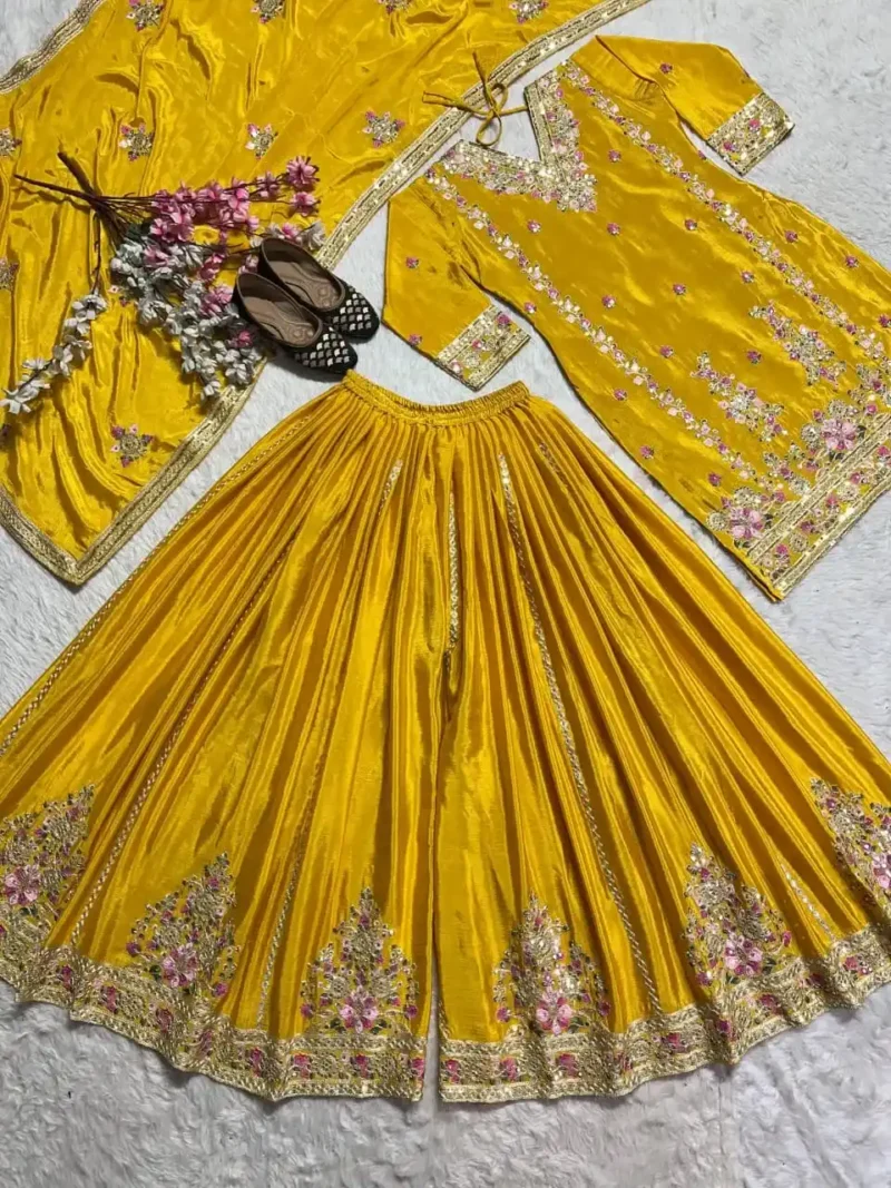 Pure Heavy Chinnon Silk Sequence Embroidered Palazzo Suit Set