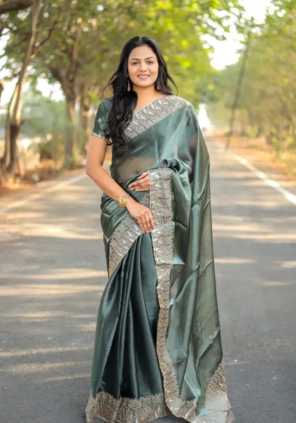 Pure Soft Burberry Silk Saree with Designer Embroidered Border