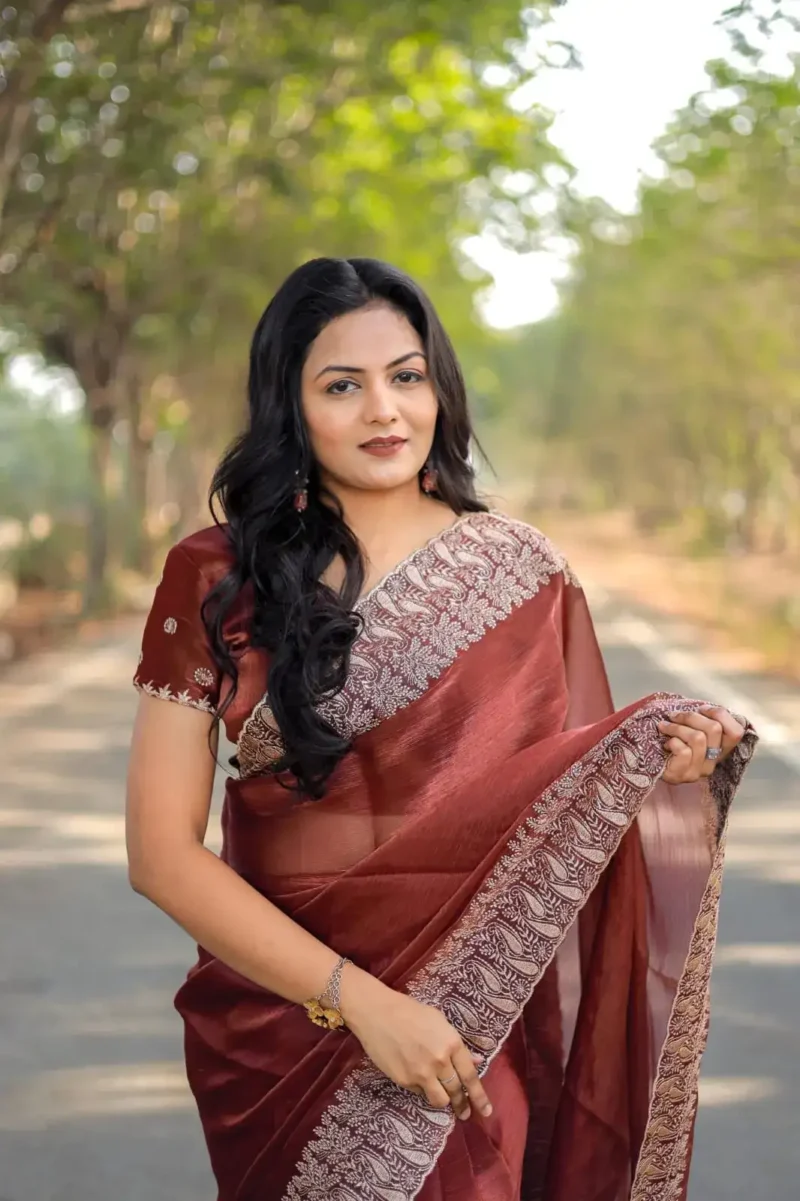 Pure Soft Burberry Silk Saree with Designer Embroidered Border