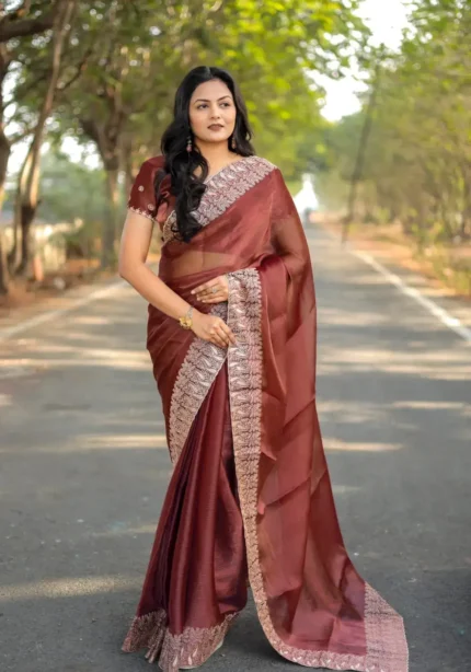 Pure Soft Burberry Silk Saree with Designer Embroidered Border