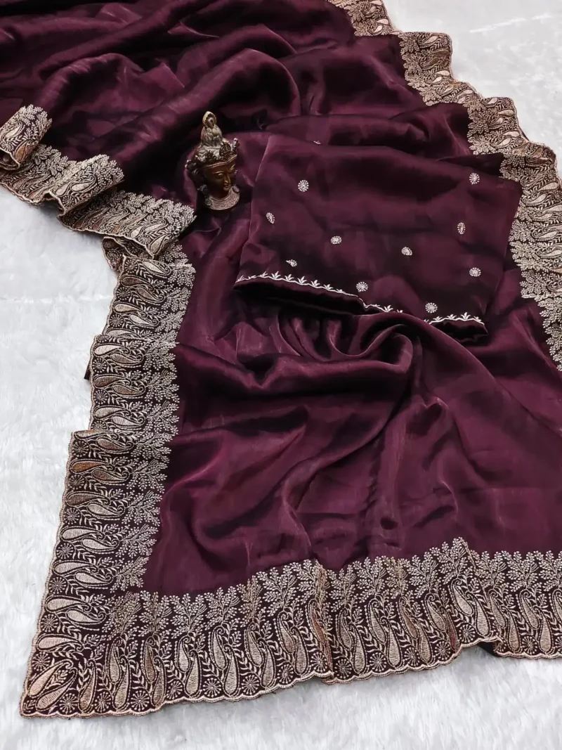 Pure Soft Burberry Silk Saree with Designer Embroidered Border