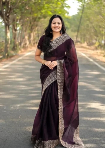 Pure Soft Burberry Silk Saree with Designer Embroidered Border