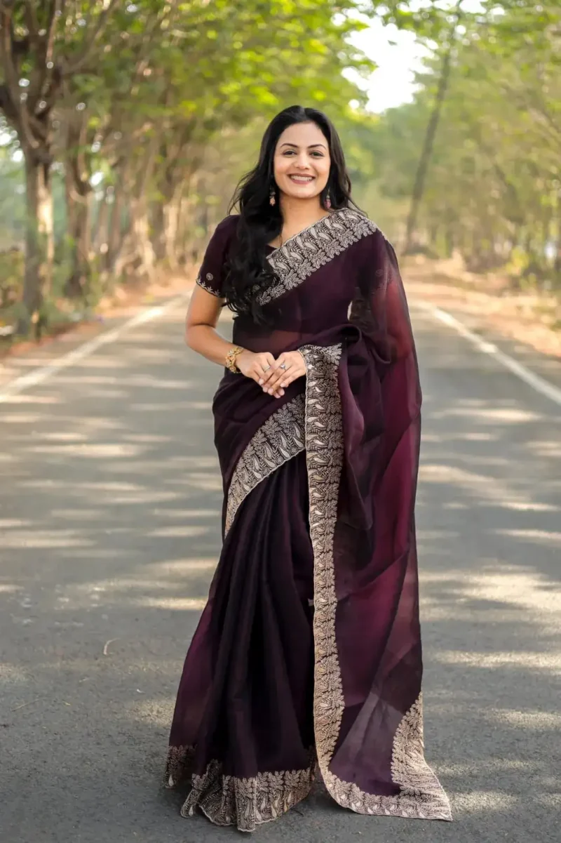 Pure Soft Burberry Silk Saree with Designer Embroidered Border