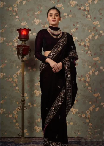 Pure Viscous Velvet Sequins and Zari embroidered Designer Saree
