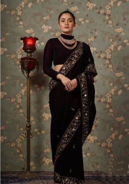 Pure Viscous Velvet Sequins and Zari embroidered Designer Saree