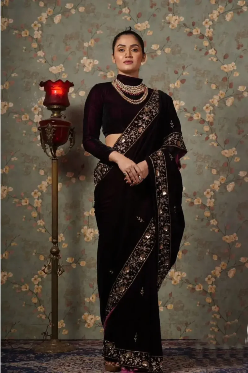 Pure Viscous Velvet Sequins and Zari embroidered Designer Saree
