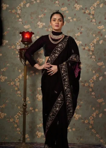 Pure Viscous Velvet Sequins and Zari embroidered Designer Saree