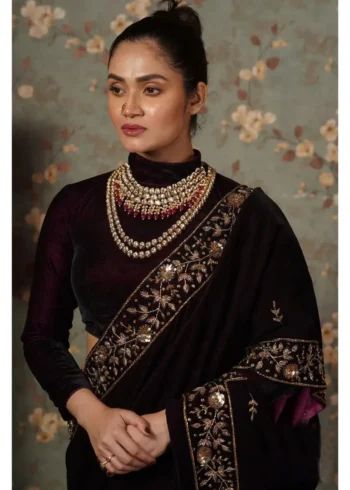 Pure Viscous Velvet Sequins and Zari embroidered Designer Saree