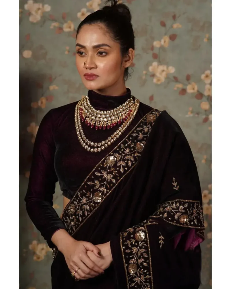 Pure Viscous Velvet Sequins and Zari embroidered Designer Saree