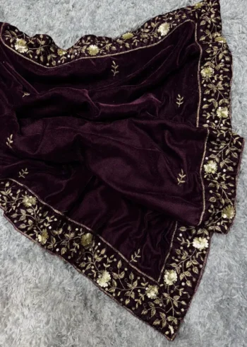 Pure Viscous Velvet Sequins and Zari embroidered Designer Saree