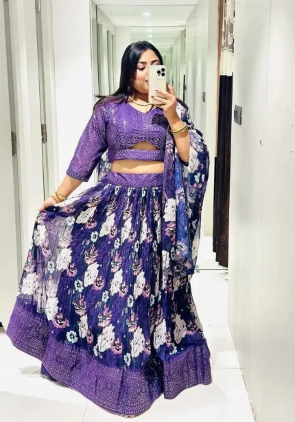 Purple Color Fox Georgette Embroidery Thread and Sequence Work Lehenga Choli