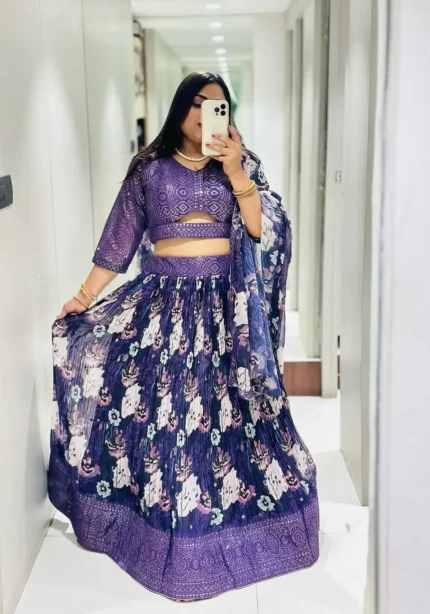 Purple Color Fox Georgette Embroidery Thread and Sequence Work Lehenga Choli