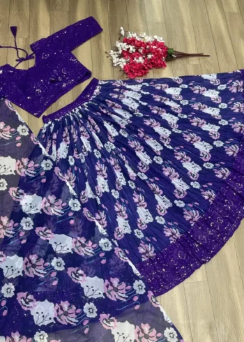 Purple Color Fox Georgette Embroidery Thread and Sequence Work Lehenga Choli