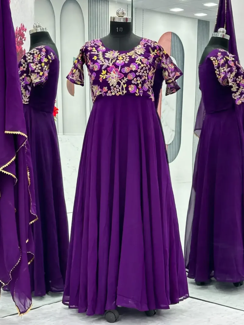 Purple Color Heavy Embroidery Thread & Sequence Work Party Wear Gown