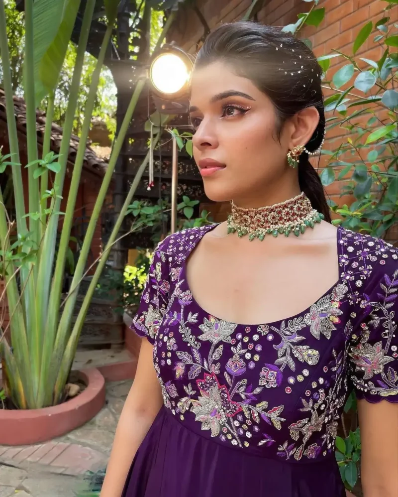 Purple Color Heavy Embroidery Thread & Sequence Work Party Wear Gown